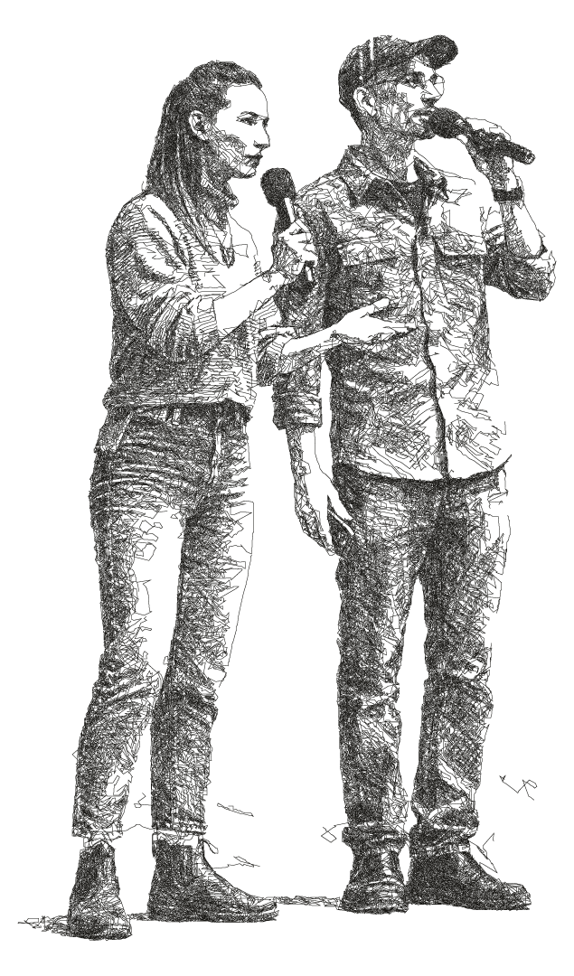 Sketch illustration of Stephanie and Isaac Budmen speaking